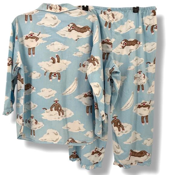Nick & Nora Ruffle Sock Monkey Pajamas Set Women's Sz XL Blue Clouds 100% Cotton - Picture 4 of 12